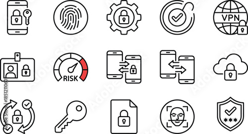 Cyber Security Icon Set Featuring Fingerprint Scans, VPN, Cloud Locking, Risk Assessment, Face Recognition, Data Privacy, ID Cards, and Digital Keys.