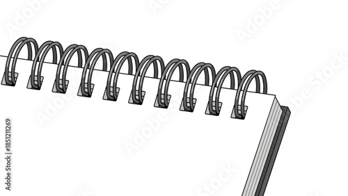 Detailed close-up view of the metal spiral binding on a white notebook, highlighting stationery and office supplies design.