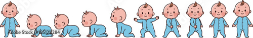 Cute cartoon baby developmental milestones set showing infant crawling sitting standing and walking stages in blue pajamas isolated on white background for parenting