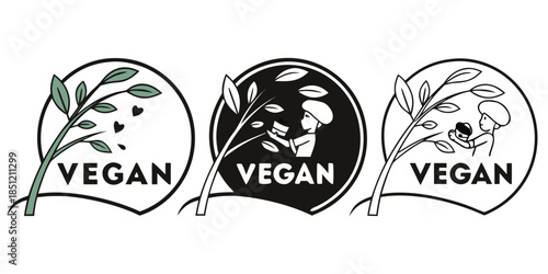 Three Vegan Logos with Plant and Person Illustrations vegetarian plant-based