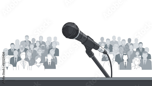 Classic microphone on a podium, positioned prominently in front of a gray, indistinct audience, symbolizing public speaking and events.