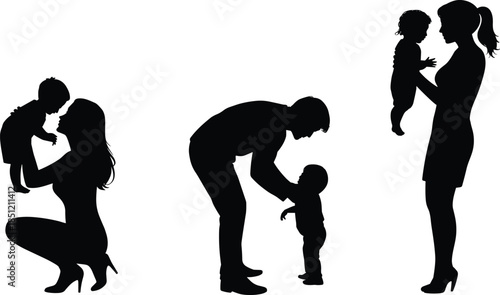 Parents with Baby Silhouette Set Mother and Father Playing with Child Family Love and Parenting Concept Isolated on White Background
