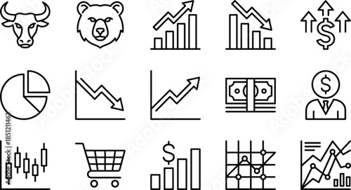 Financial Trading Icon Set Featuring Bull and Bear Markets, Candlestick Charts, Growth Graphs, Money, Analysis, Shopping Cart, and Investment Symbols.