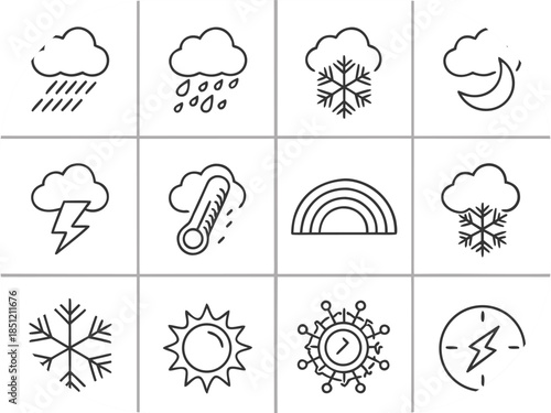 Twelve Outline Icons Depicting Weather Phenomena on a White Background symbol graphic