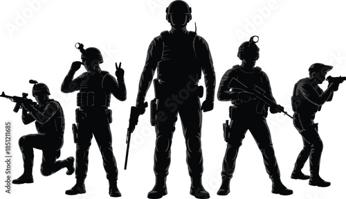Soldier silhouette, tactical team, armed forces, military pose, black figures, rifle stance, combat gear, vector art, war concept, graphic