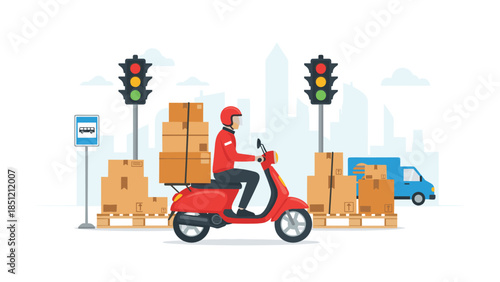 Busy urban delivery scene featuring a courier on a red scooter loaded with packages, navigating city streets with traffic lights.
