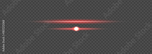 Red laser beam with a glowing center on a transparent background