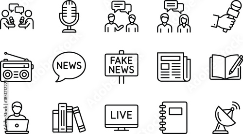 Journalism Icon Set Featuring Microphones, Interviews, Radio, Newspapers, Fake News Sign, Live Broadcast, Books, Satellite Dish, and Media Report Symbols.