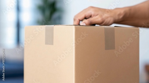 Hand placing tape on a cardboard box in a bright indoor space during a packing session symbolizing preparation for a journey