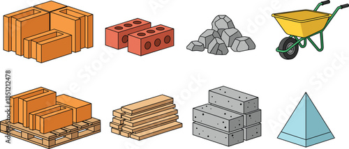 Isometric building materials vector set featuring stacks of red bricks wooden planks concrete blocks stone piles and a yellow construction site wheelbarrow.