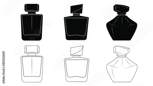Black and white silhouettes of perfume bottles in various shapes