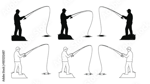 Silhouettes of fishermen casting lines showing different stages of the action