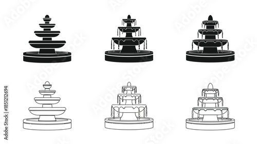 Detailed illustrations of ornate tiered fountains in varying styles and perspectives