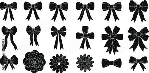 Flat vector silhouette set of black gift bows and decorative ribbons for gift wrapping icons festive celebration labels and holiday graphic design elements.