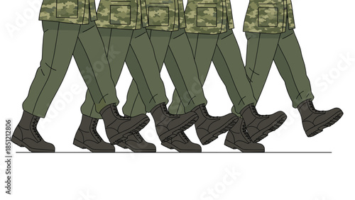 Dynamic close-up of five soldiers' legs in camouflage uniform and combat boots, marching in unison, representing military precision.