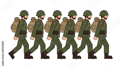 Six uniformed soldiers equipped with backpacks and helmets marching in a steady line, depicting military patrol or training exercise.