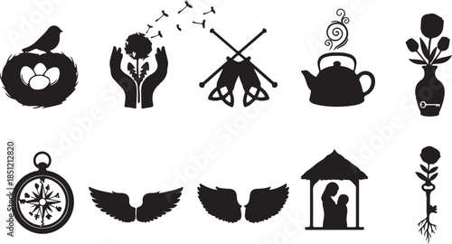 Collection of mystical and magical symbols in black silhouette