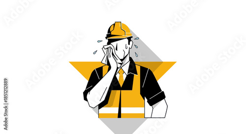 Construction worker wiping sweat illustration on a white background