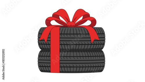 Two new black car tires neatly stacked and wrapped with a bright red ribbon and bow, presented as a special gift.