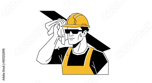 Construction worker wiping sweat illustration overhead view isolated vector