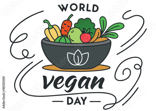 World Vegan Day Bowl Of Vegetables With Calligraphy And Swirls vegetarian healthy eating