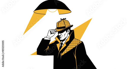Detective in spotlight illustration of person in trench coat and hat