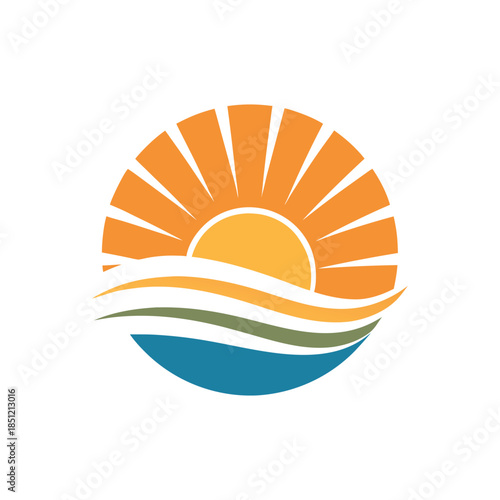 Minimal flat logo of a sunrise over rolling fields and water, warm orange sun rays, flowing layered waves, clean vector style, white background.