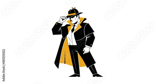 Detective in trench coat and hat standing against a white background