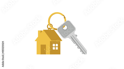 Silver house key placed next to a golden house-shaped keychain, representing home ownership, real estate, and property.
