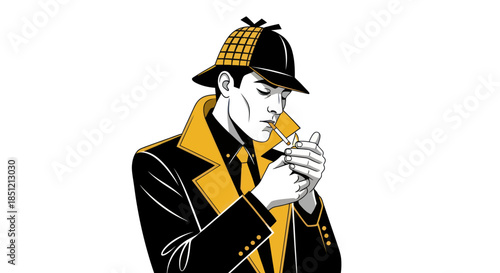 Detective in trench coat lighting a match isolated on white background