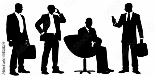 Silhouettes of business professionals in suits with varying poses and accessories