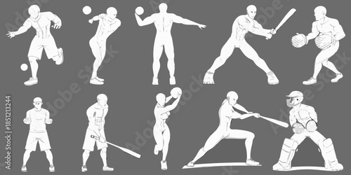 Illustrative depictions of baseball players in various action poses and positions