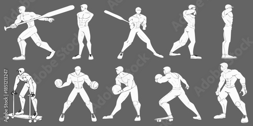Dynamic baseball player poses and action sketches in a minimalist style