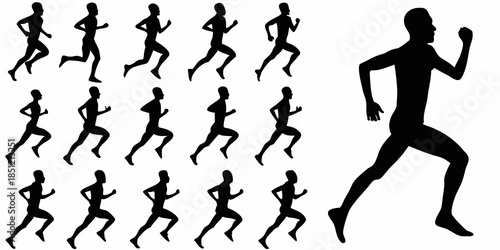 Silhouettes of running people depicting various stages of a running motion