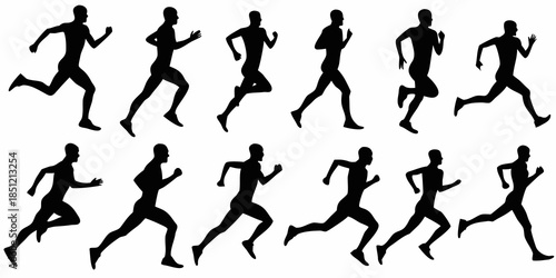 Silhouettes of running people in various poses showcasing human movement