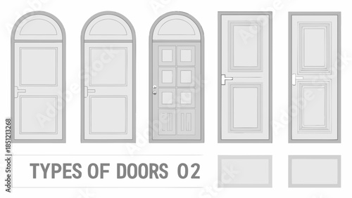 Various styles of doors illustrated with arched and rectangular designs