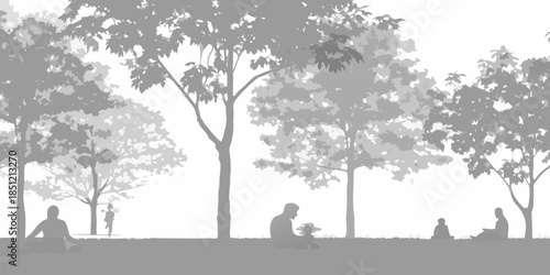 Silhouetted trees and people relaxing in a park on a bright day