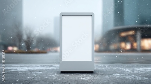 Blank advertising billboard stands on a snowy city street in winter