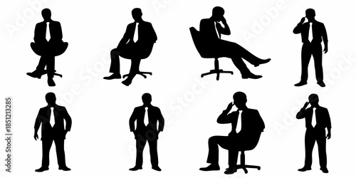 Silhouettes of business people in various poses and office settings