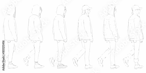 Sketch of a person wearing a hooded jacket in various poses
