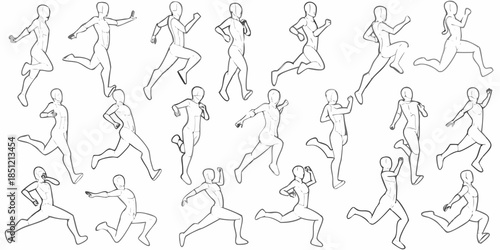 Diverse collection of dynamic human figure sketches in running and active poses