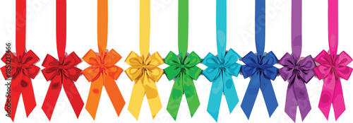Colorful vector ribbon set featuring a rainbow spectrum of hanging satin bows for gift wrapping festive celebrations birthday parties and holiday decorative designs.