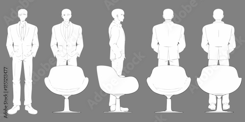 Stylized illustration of men in suits with chairs on a gray background