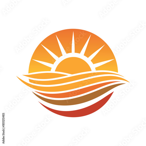 Minimal flat logo of a sunrise over rolling fields and water, warm orange sun rays, flowing layered waves, clean vector style, white background.