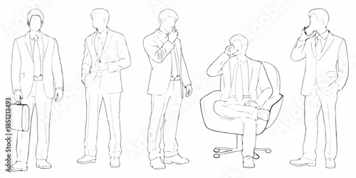 Line art illustration of five businessmen in suits various poses and settings