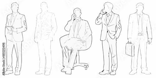 Line art illustration of five men in business suits displaying various poses