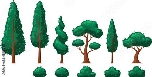 Flat vector illustration set of green deciduous trees cypress and manicured garden shrubs for landscape design outdoor park and nature forest background compositions.