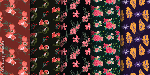 A vibrant collection of floral patterns featuring pink, red, and yellow hues on dark backgrounds.