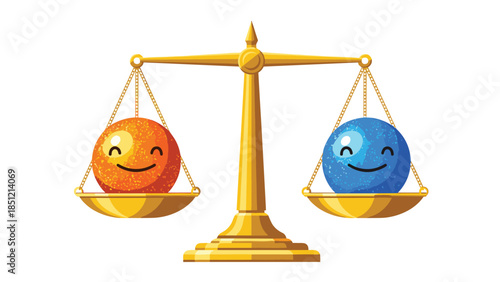Golden scale perfectly balancing two smiling, sparkling spheres, one orange and one blue, symbolizing equality and harmony.