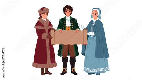 Three individuals in intricate historical attire collaboratively holding an ancient, unfurled scroll, symbolizing historical declaration.